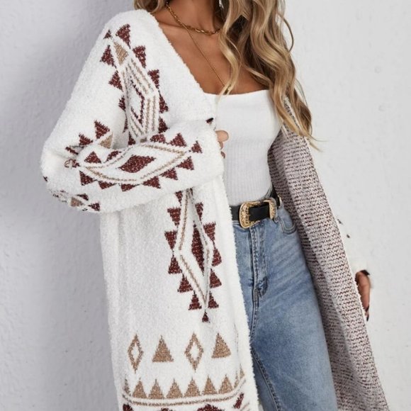 Boho Geo Print Open front Fuzzy Soft comfy Knit Sweater Cardigan - Picture 3 of 5